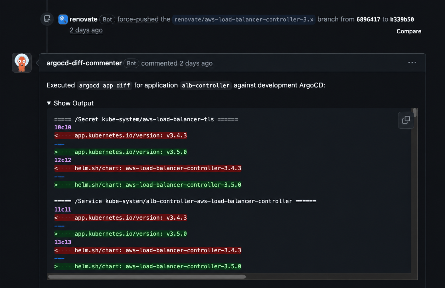 The Argo CD diff bot posts a pull-request comment showing an AWS Load Balancer Controller chart update from 3.4.3 to 3.5.0, rendered against development Argo CD.