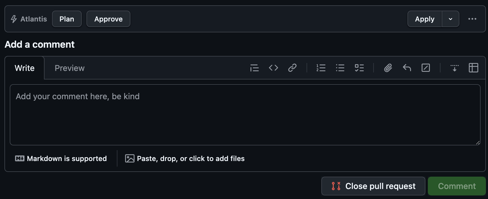 Atlantis Plan, Approve, and Apply controls directly above GitHub's pull request comment box.